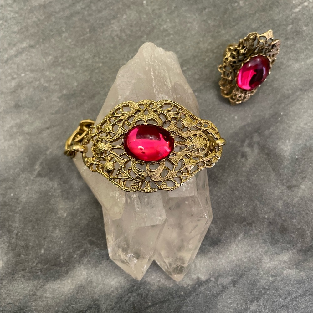 Vintage West Germany Gold Filigree Bracelet Red Glass Ring Set - Picture 4 of 16